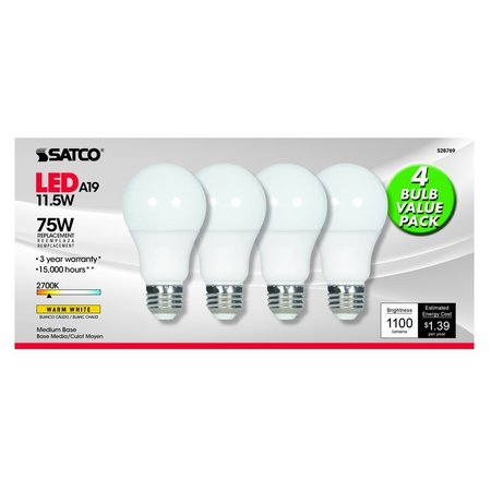SATCO Type-A A19 E26 (Medium) LED Bulb Warm White 75 Watt Equivalence 4 pk S28769